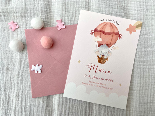 Invitación Bautizo "Elefante Globo Aerostático"