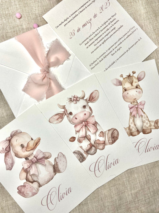 Invitación Bautizo ''Animalitos rosa''