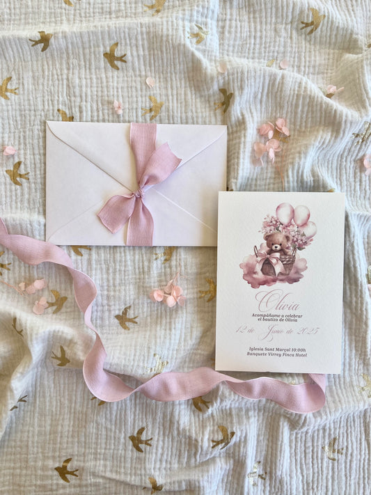 Invitación Bautizo "Nube Rosa Osita"