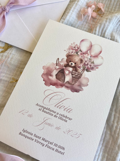 Invitación Bautizo "Nube Rosa Osita"