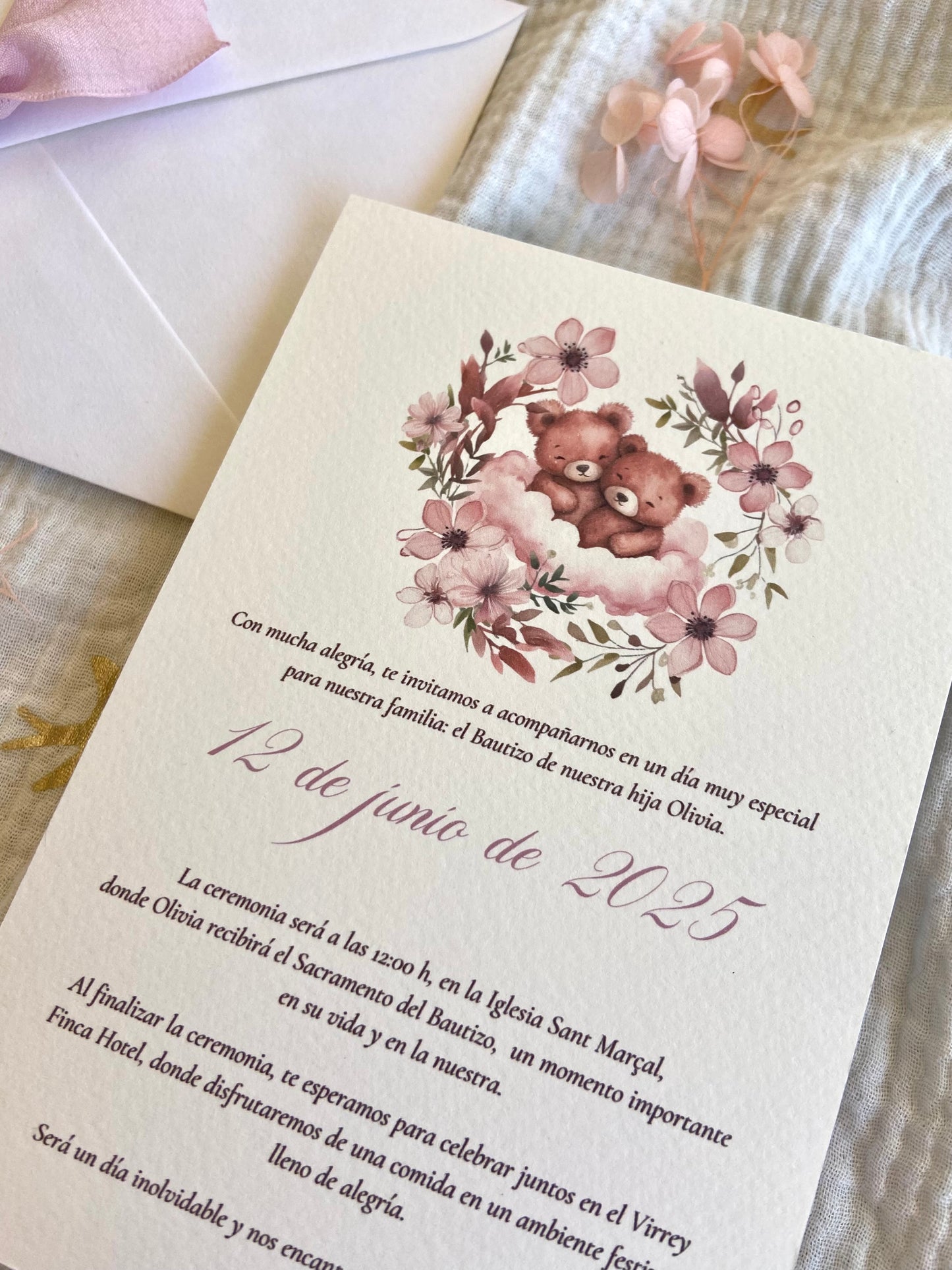 Invitación Bautizo "Ositas entre Flores"