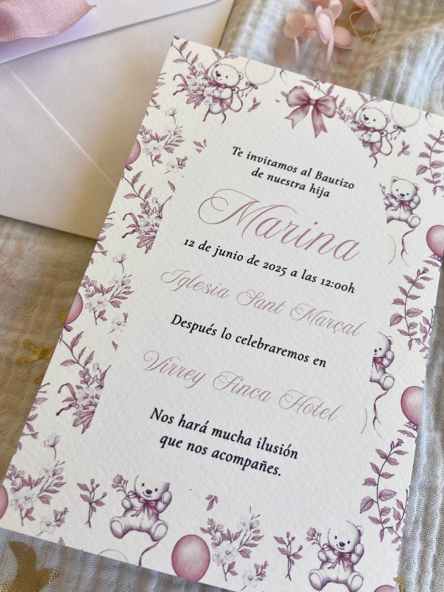 Invitación Bautizo "Animalitos Florales Rosa"