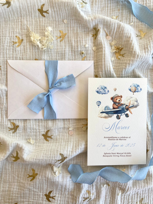 Invitación Bautizo "Osito Aviador Azul"