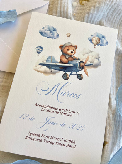 Invitación Bautizo "Osito Aviador Azul"