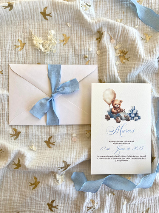 Invitación Bautizo "Osito Juguetón Azul"
