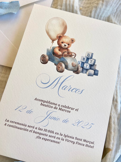 Invitación Bautizo "Osito Juguetón Azul"