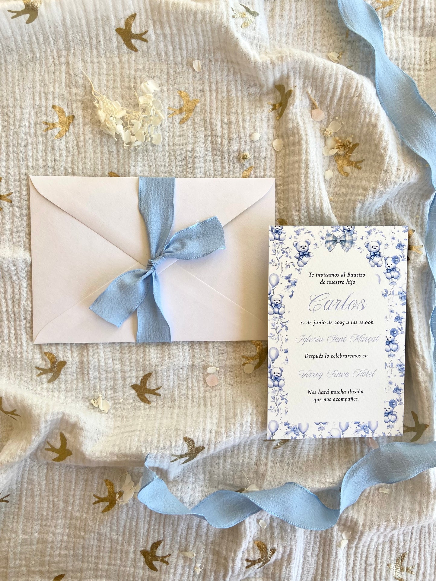 Invitación Bautizo "Animalitos Florales Azul"