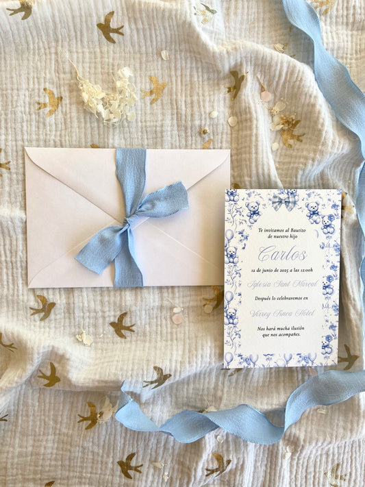 Invitación Bautizo "Animalitos Florales Azul"