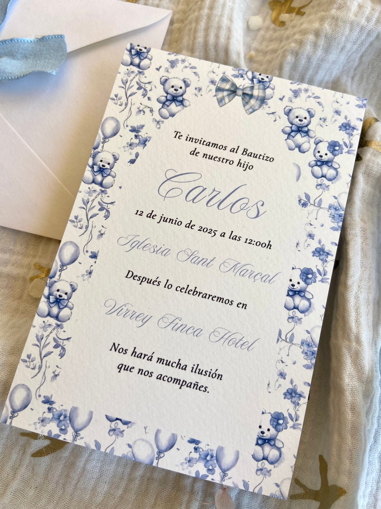 Invitación Bautizo "Animalitos Florales Azul"