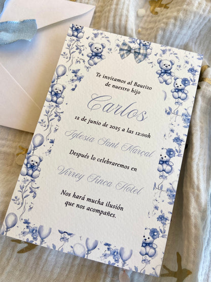Invitación Bautizo "Animalitos Florales Azul"