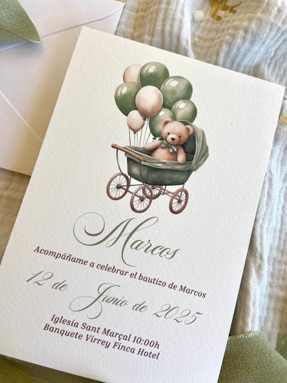 Invitación Bautizo "Osito Cochecito Verde"