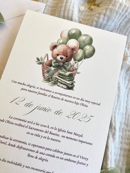 Invitación Bautizo "Osito entre Globos Verdes"