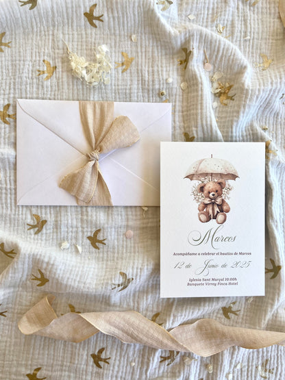 Invitación Bautizo "Osito con Paraguas"