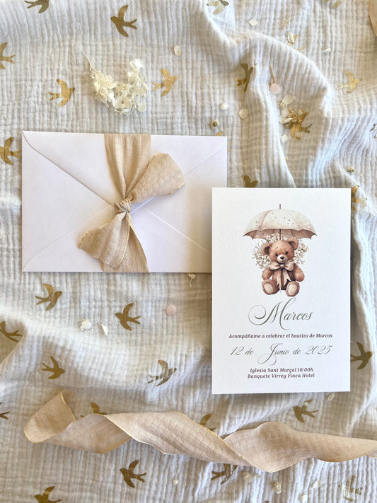Invitación Bautizo "Osito con Paraguas"
