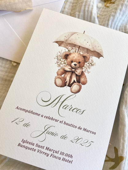 Invitación Bautizo "Osito con Paraguas"
