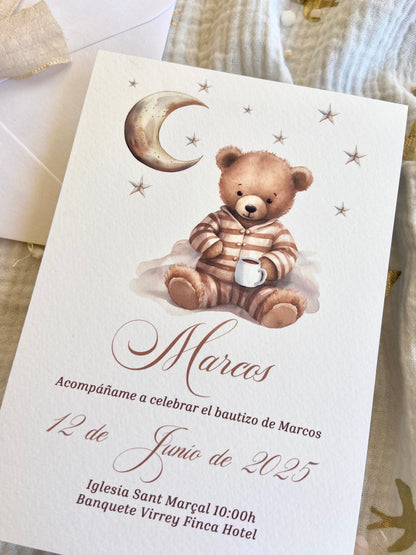 Invitación Bautizo "Osito Luna Beige"